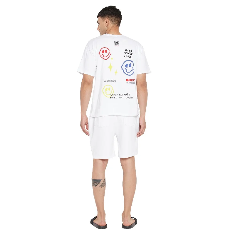 White Smiley Oversized Graphic Tshirt & Shorts Combo Set Unique Men's Upcycled