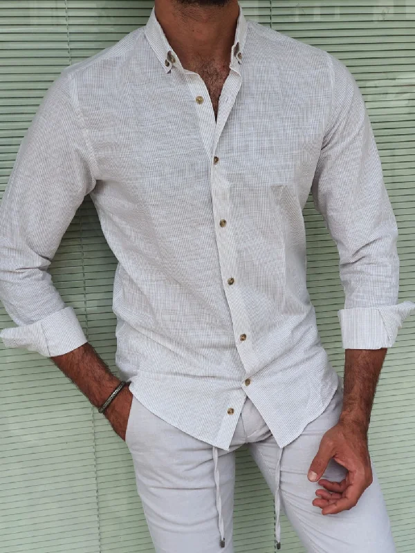 Major Beige Slim Fit Striped Linen Shirt Elegant Men's Cashmere