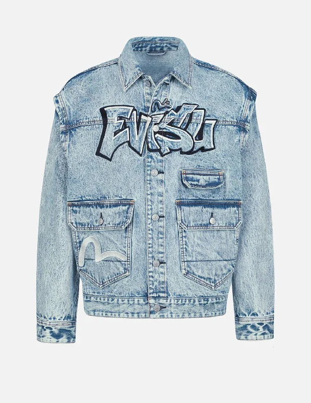 Graffiti Logo Embroidery Denim Jacket with Detachable Sleeves Cozy Men's Sherpa