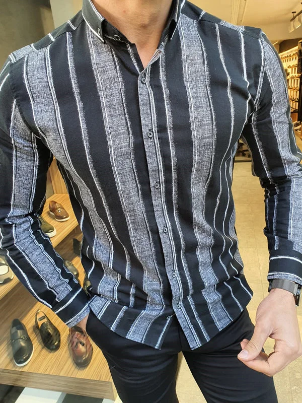 Toni  Black Slim Fit Striped Cotton Shirt Confident Men's Power