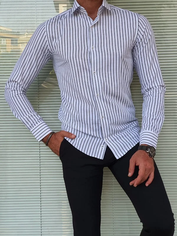 Major Black Slim Fit Long Sleeve Striped Cotton Shirt Unique Men's Patch