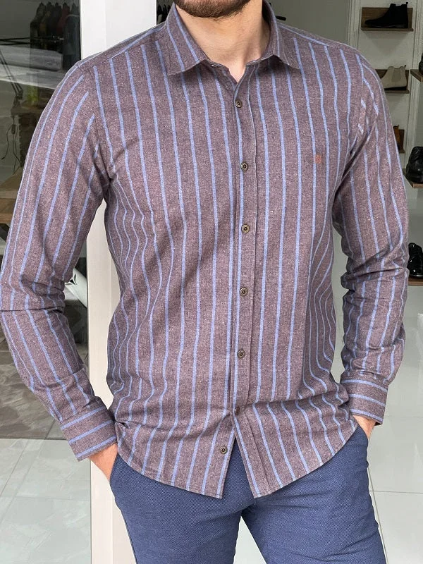 Bojoni Stefano Brown Slim Fit Striped Cotton Shirt Sleek Men's Metallic