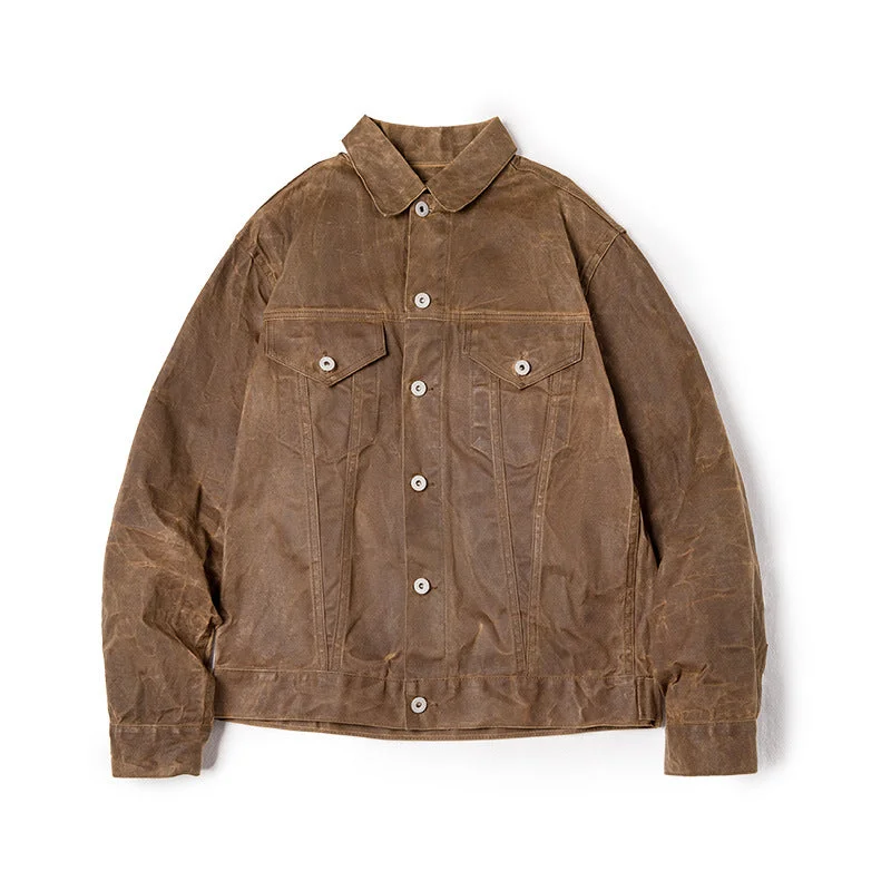 Men's Vintage Tooling Canvas Oil Wax Jacket Hip Men's Retro