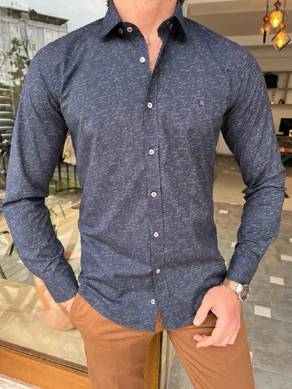 Bojoni Dover  Navy Blue Slim Fit Long Sleeve Patterned Cotton Shirt Earthy Men's Hemp