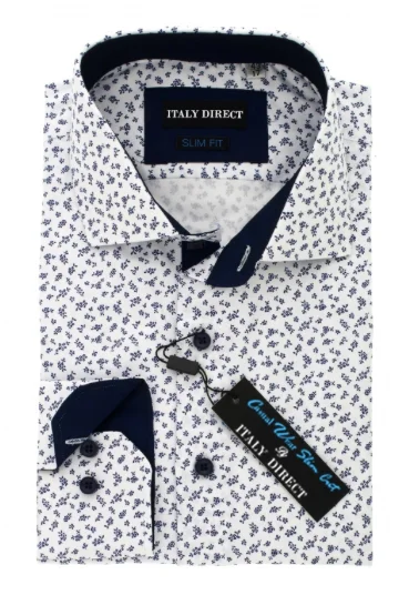 White & Navy Pattern Slim Fit Casual Shirt Elegant Men's Cashmere