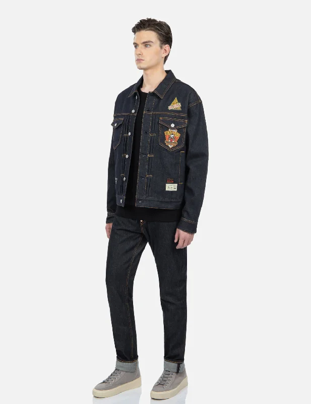 Military Style Godhead Appliqué Denim Jacket Sporty Men's Athleisure 