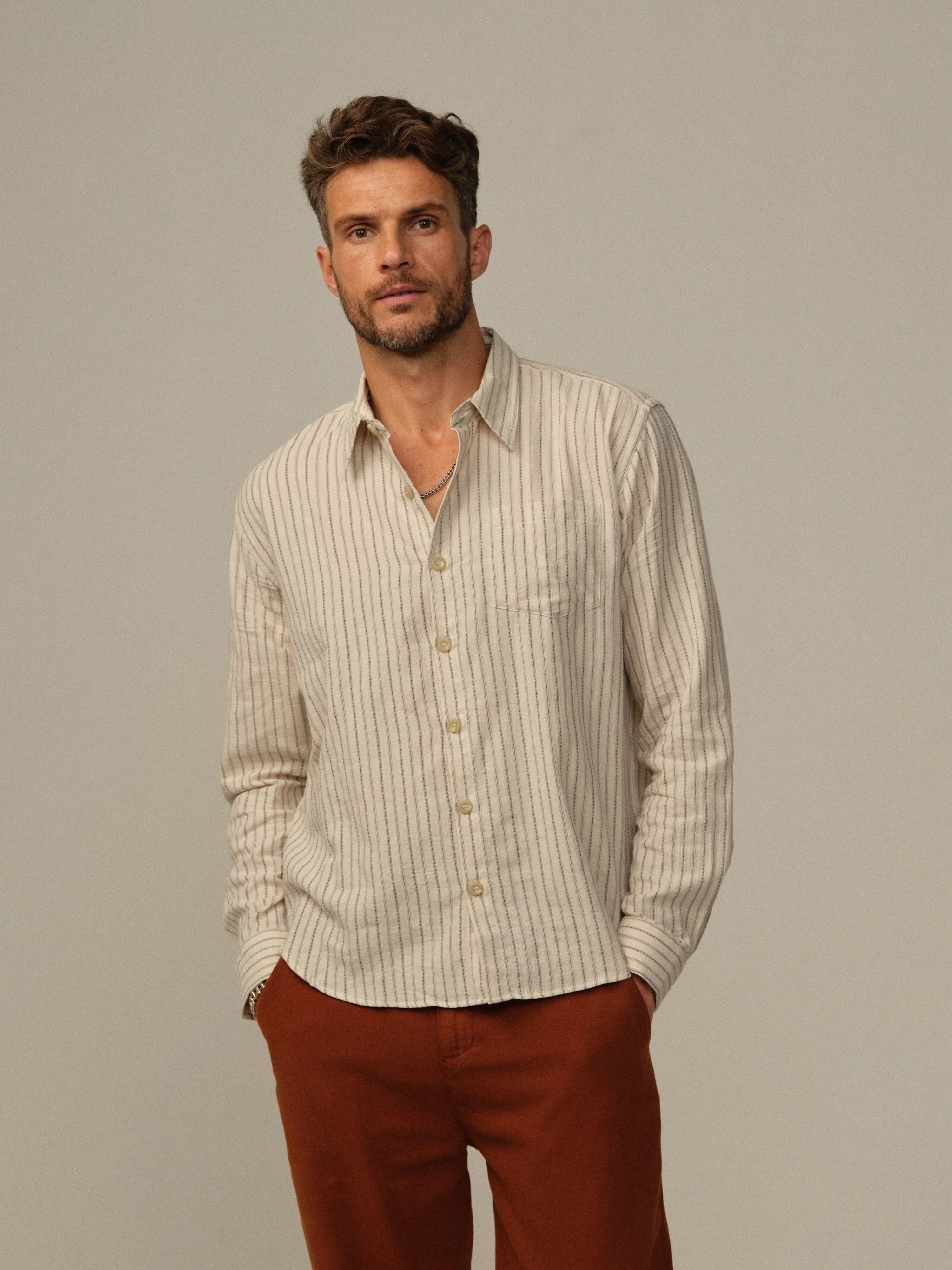 Road To Nowhere - Accord Japanese Organic Cotton Shirt in Cream Stripe Trendy Men's Scandinavian