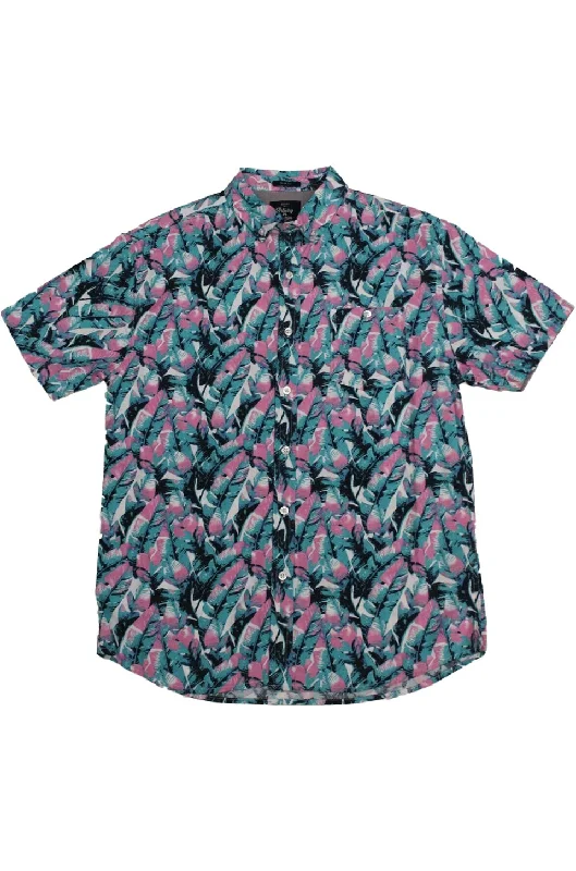 Fluorescent Leaf Short Sleeve Shirt In Teal Pink Elegant Men's Cashmere