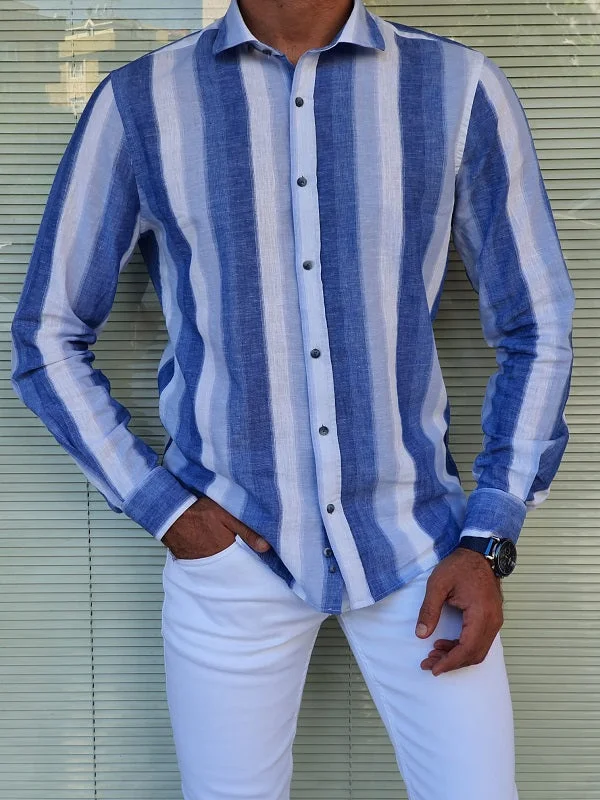 Areni Blue Slim Fit Long Sleeve Striped Linen Shirt Classic Men's Pin