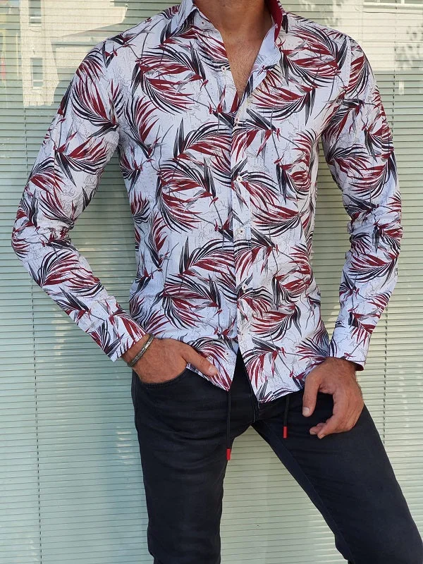 Areni  Red Slim Fit Long Sleeve Tropical Cotton Shirt Refined Men's Velvet