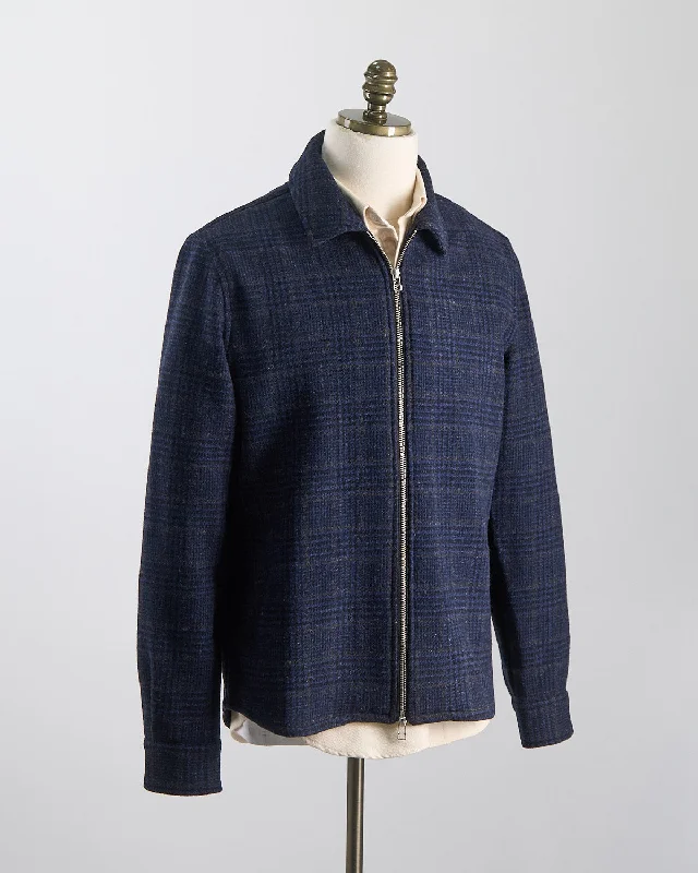 Navy Houndstooth Plaid Wool Zip Overshirt British Gentleman Style