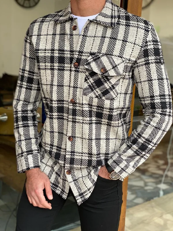 Bojoni Dayton Black Slim Fit Plaid Lumberjack Shirt Polished Men's Satin