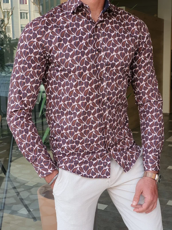 Bastoni Brown Slim Fit Leaves Pattern Long Sleeve Cotton Shirt Relaxed Men's Beach