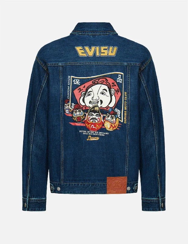 Godhead Flag and Daruma Embroidered Denim Jacket Unique Men's Upcycled