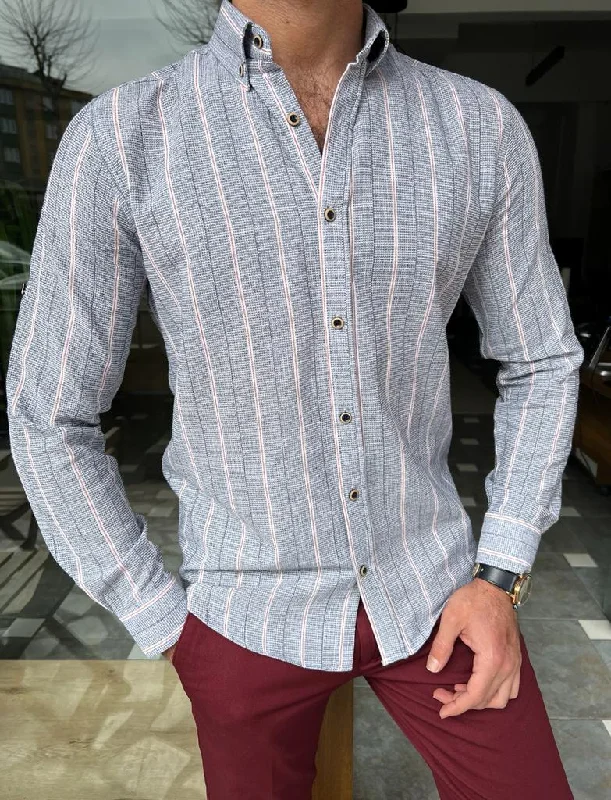 Bojoni Dover  Gray Slim Fit Long Sleeve Striped Cotton Shirt Sleek Men's Metallic