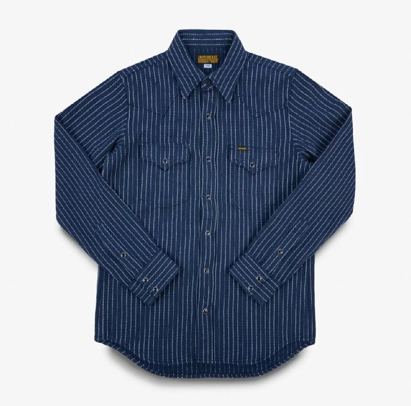 Iron Heart - IHSH-401-NAV - 12oz Ultra Heavy Flannel Chalk Stripe Western Shirt - Navy Minimalist Men's Casual 