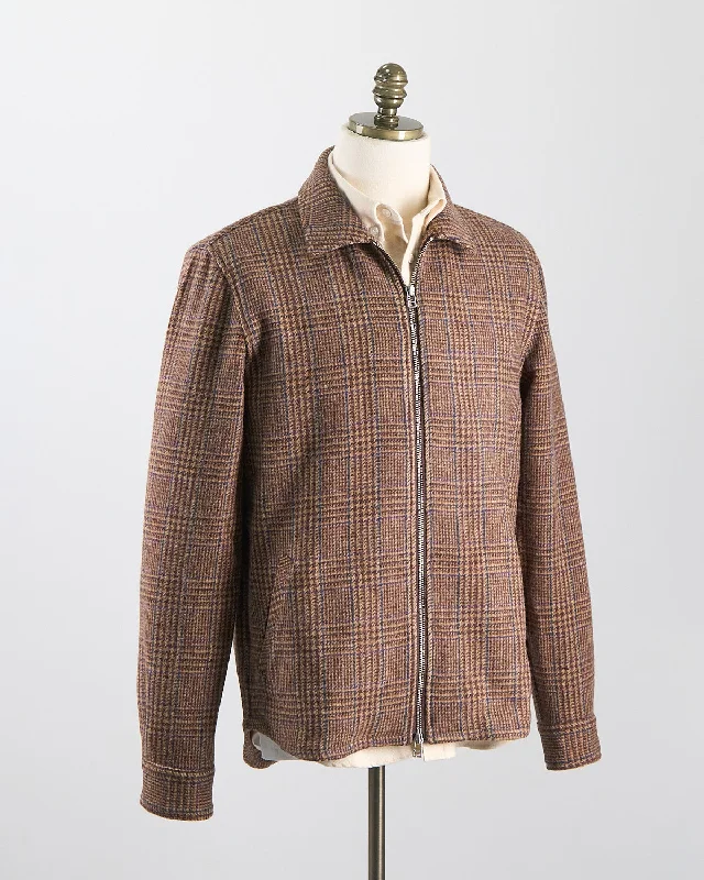 Brown Houndstooth Plaid Wool Zip Overshirt Monochromatic All