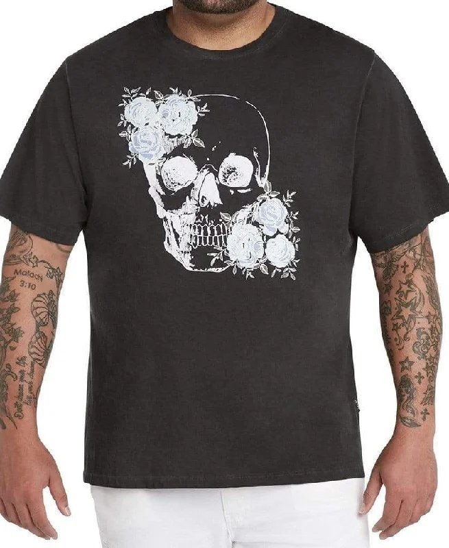 Floral Sequin Skull Print Oil Wash T Shirt Unique Men's Patch