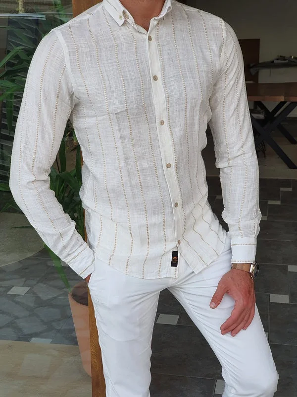 Capani White Brown Slim Fit Long Sleeve Striped Cotton Shirt Refined Men's European