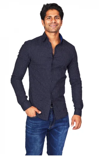 Navy Polka Dot Athletic Fit Casual Shirt Sophisticated Men's French