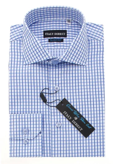 Blue & White Check Slim Fit Casual Shirt Modern Men's Geometric