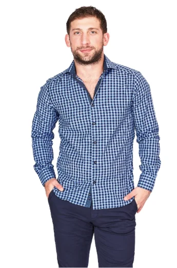 Blue Check Sport Fit Casual Shirt Casual Men's Loose