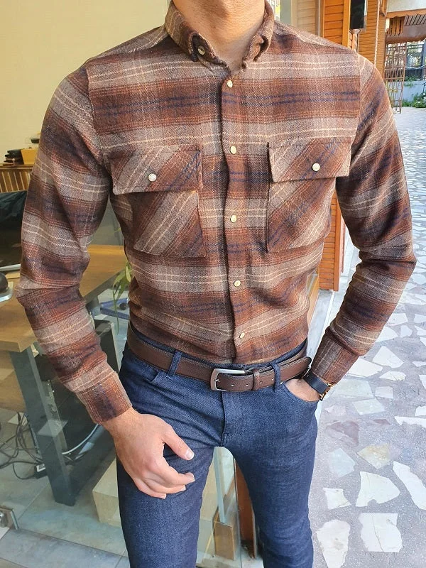 Bojo Brown Slim Fit Plaid Lumberjack Shirt Luxurious Men's High