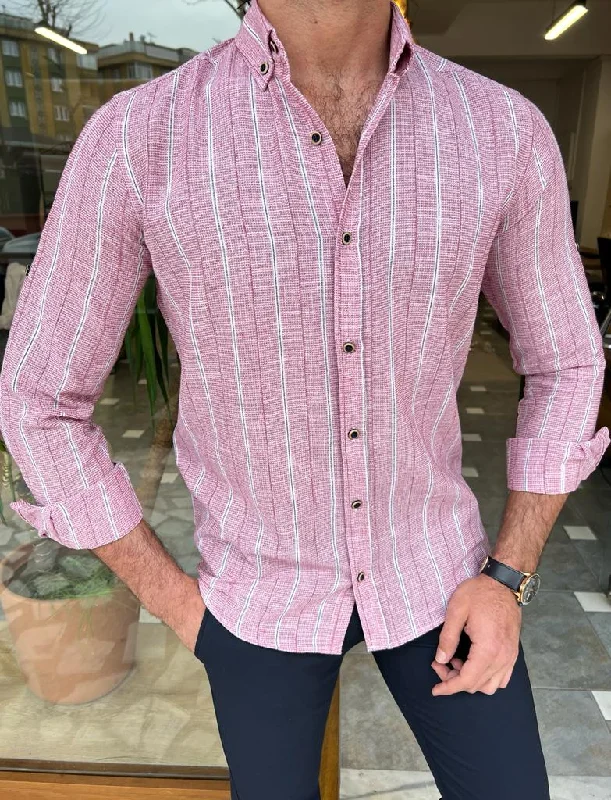 Bojoni Dover Pink Slim Fit Long Sleeve Striped Cotton Shirt Classic Men's Pin