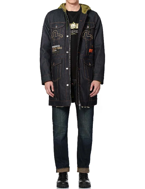 Kamon and Logo Embroidered Denim Padded Coat Vacation