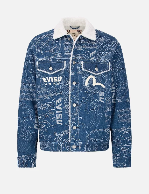 Allover Japanese Pattern Jacquard Sherpa-Lined Denim Jacket Sleek Men's Contemporary 