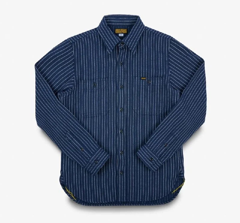 iron Heart - IHSH-402-NAV - 12oz Ultra Heavy Flannel Chalk Stripe Work Shirt - Navy Modern Men's Geometric