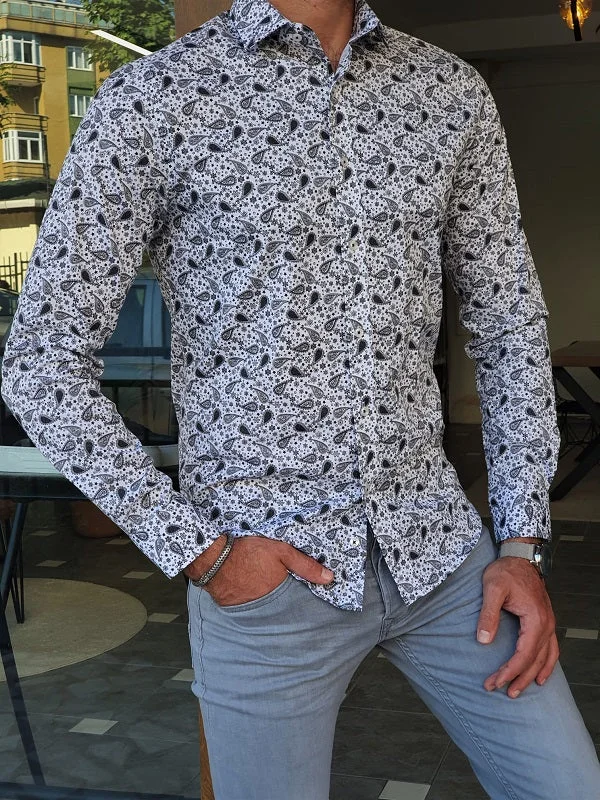 Bano Gray Slim Fit Long Sleeve Paisley Pattern Cotton Shirt Luxurious Men's High