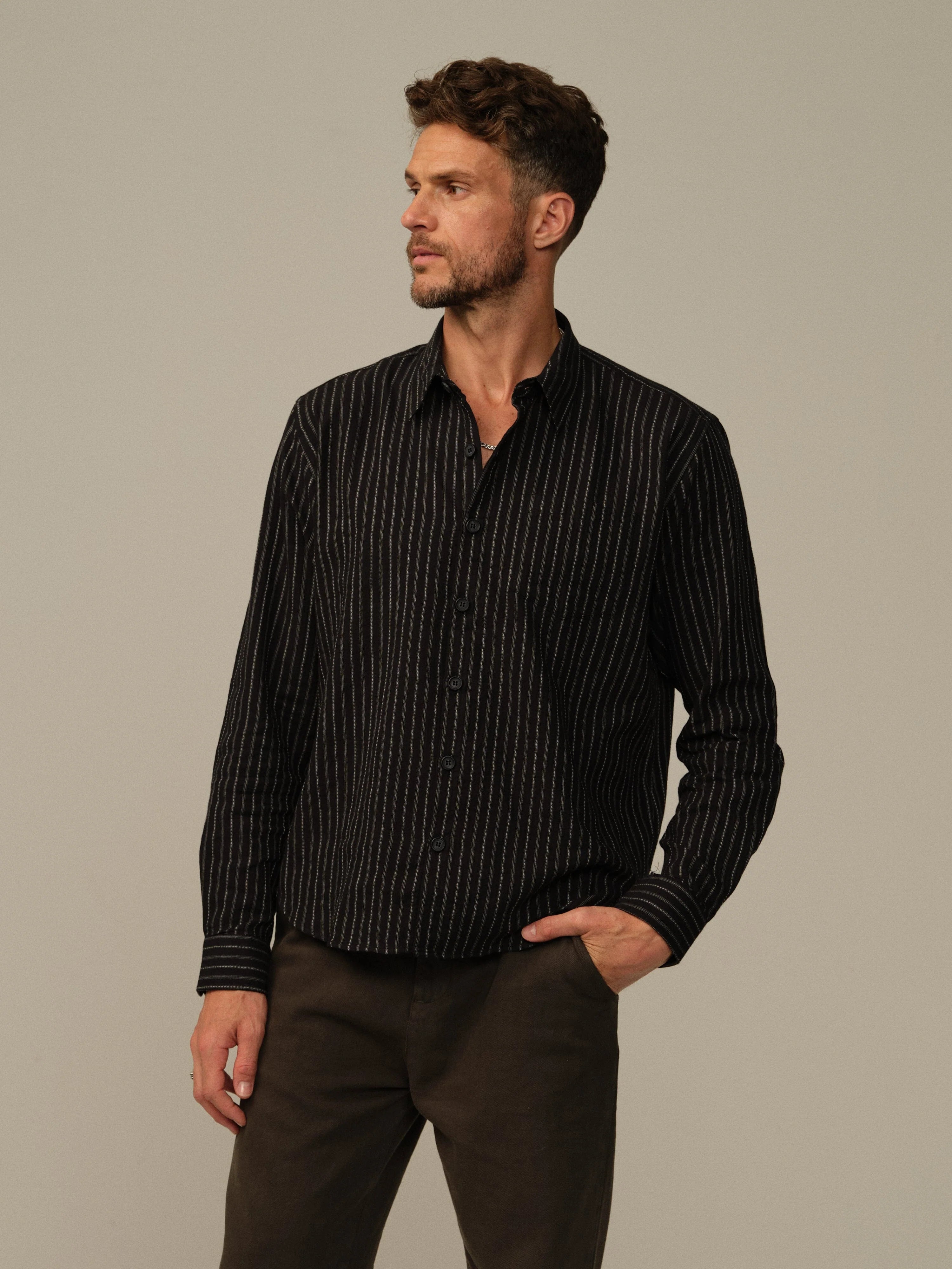 Road To Nowhere - Accord Japanese Organic Cotton Shirt in Black Stripe Beach