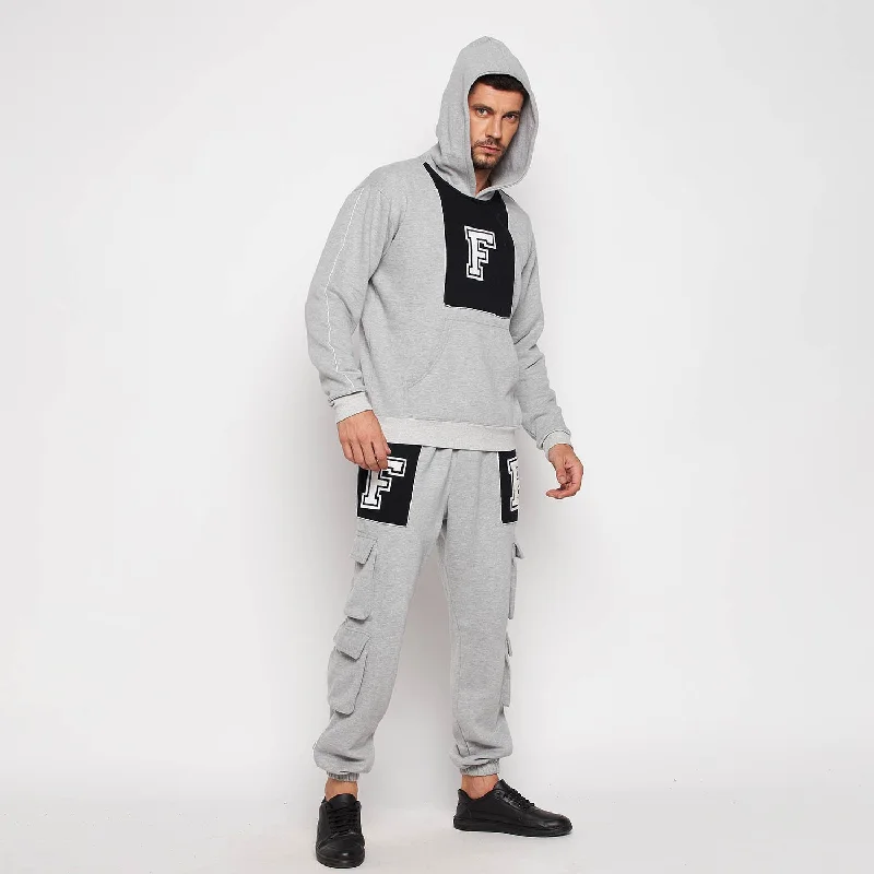 Grey Fleece Varsity Oversized Sweatshirt and Joggers Clothing Set Casual Men's Loose