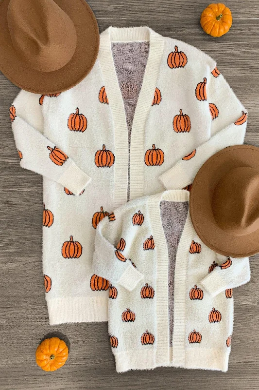 Mom & Me - Cozy Cream Pumpkin Cardigan Laid