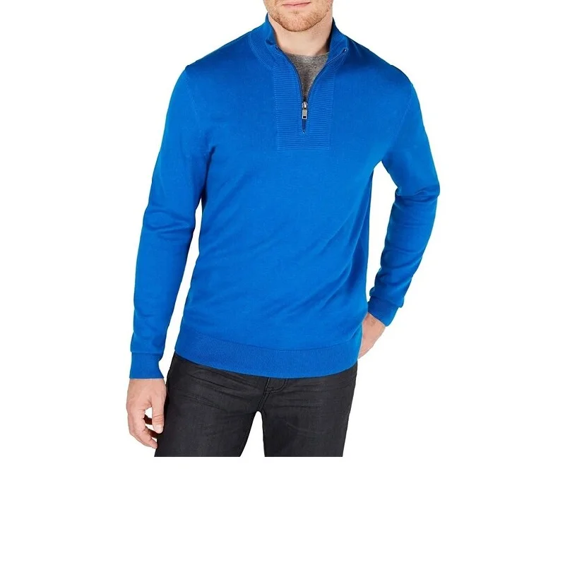 Alfani Men's Quarter-Zip Ribbed Placket Sweater Blue Size XL Polished Men's Silk