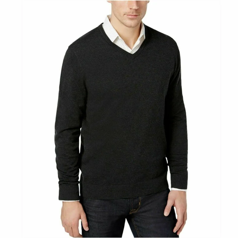 Alfani Men's Solid V-Neck Cotton Sweater Black Size Medium Sharp Men's Italian