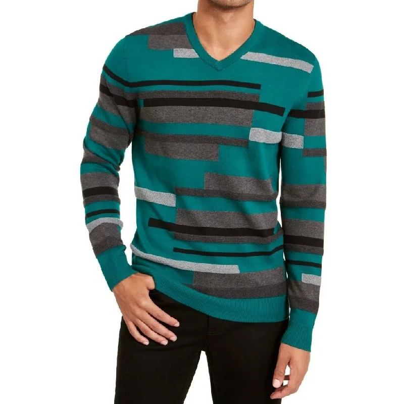 Alfani Men's Textured Striped V-Neck Sweater Green Size Small Luxurious Men's High