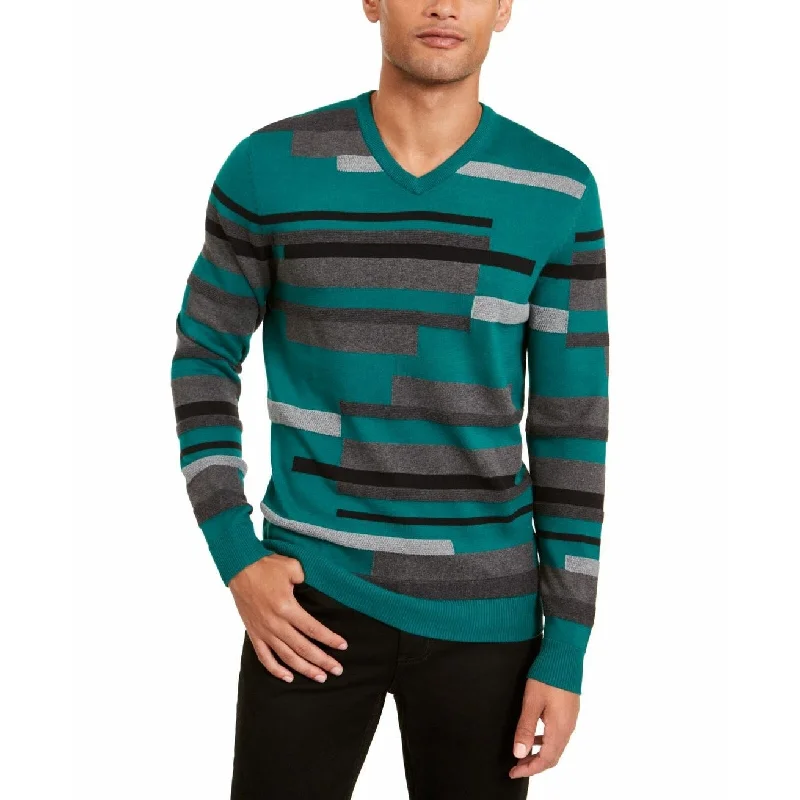 Alfani Men's Textured Striped V-Neck Sweater Green Size XX-Large Stylish Men's Tropical 