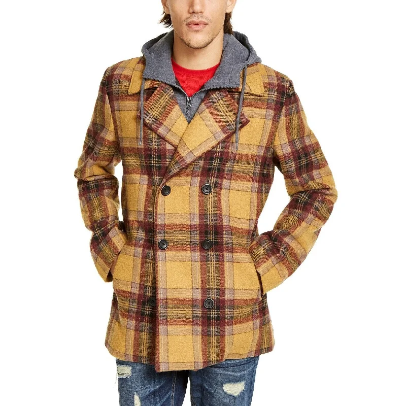 American Rag Men's Sheridan Double-Breasted Plaid Peacoat With Removable Hooded Bib Brown Size Medium Polished Men's Silk