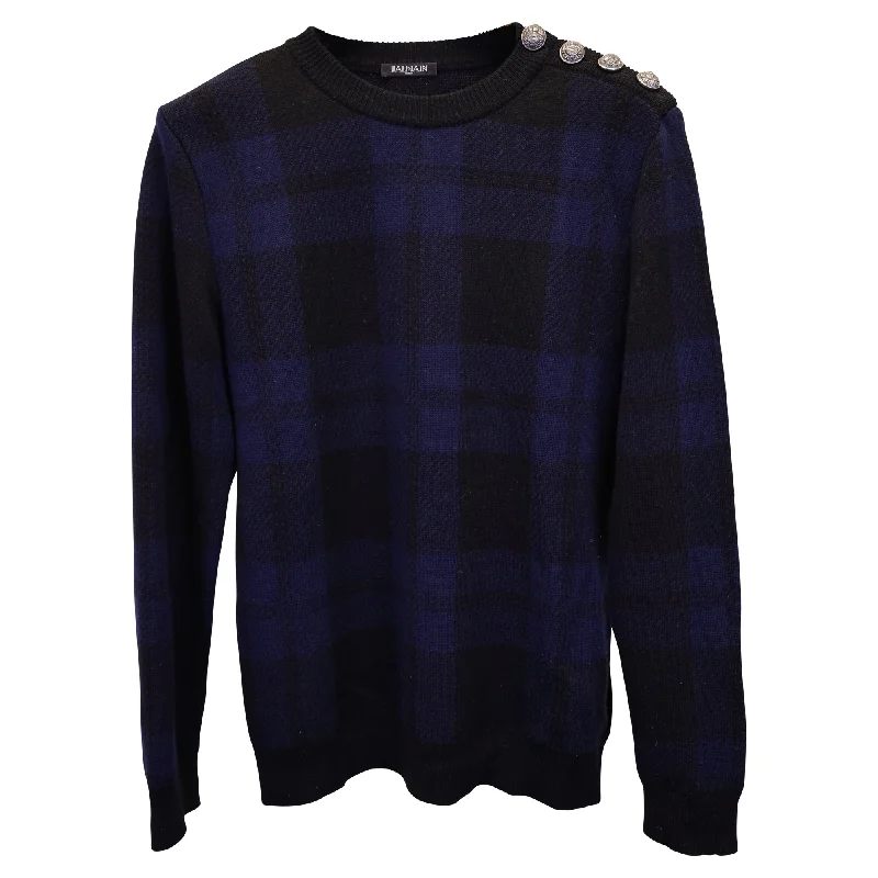 Balmain Plaid Sweater in Navy Blue Wool Elegant Men's Formal 