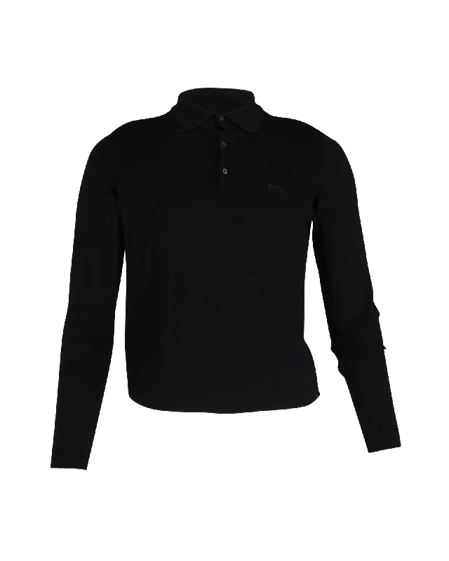 Boss Slim Fit Sweater with Polo Collar in Black Merino Wool Trendy Men's Bucket