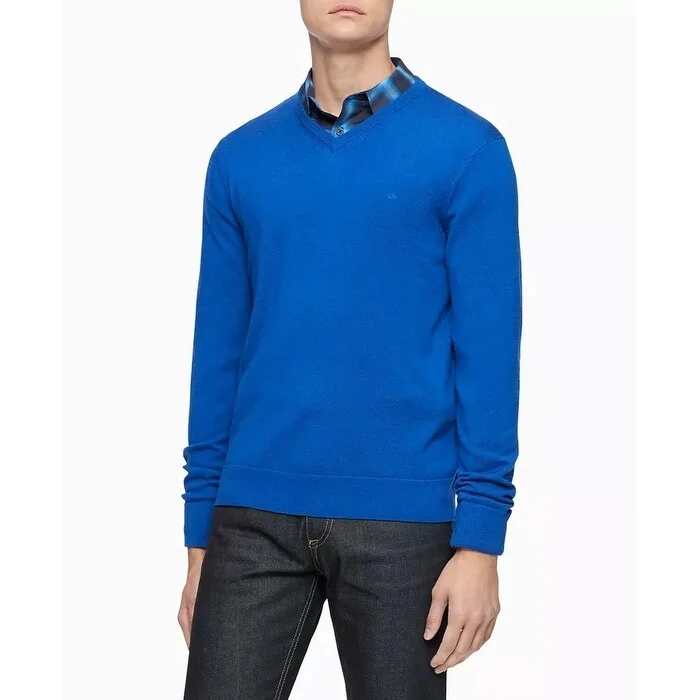 Calvin Klein Men's Merino Wool V Neck Sweater Blue Size Medium Athletic Men's High