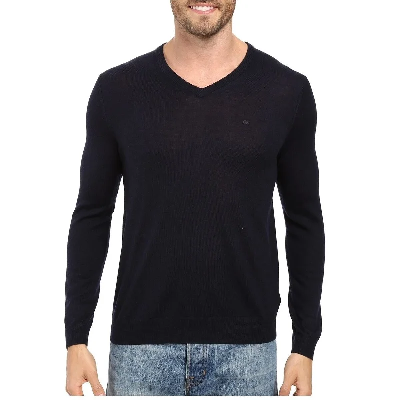 Calvin Klein Men's Solid V-Neck Merino Sweater Blue Size Medium - M Bold Men's Statement