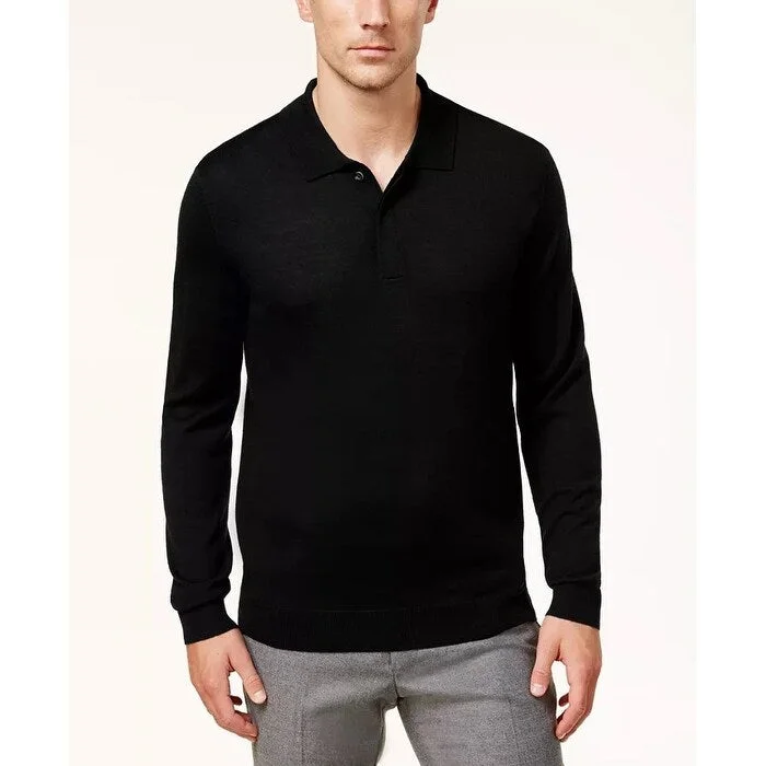 Club Room Men's Merino Wool Blend Polo Sweater Black Size Large Classic Men's Pin