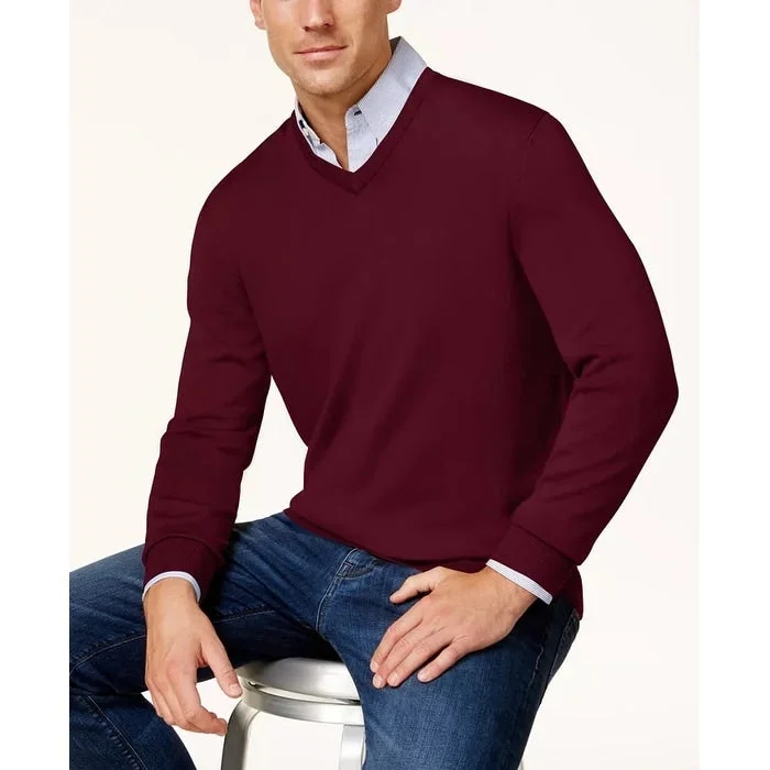 Club Room Men's Solid V Neck Merino Wool Blend Sweater Purple Size S - Small Athletic Men's High