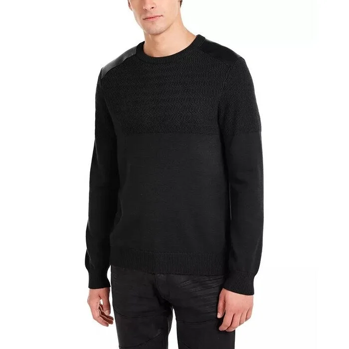 Guess Men's Herringbone Sweater With Faux Leather Piecing Black Size Medium Refined Men's Classic 