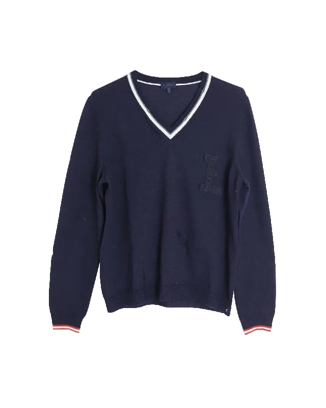 Lanvin Distressed Detail Neckline Jumper In Navy Blue Wool Monochromatic All