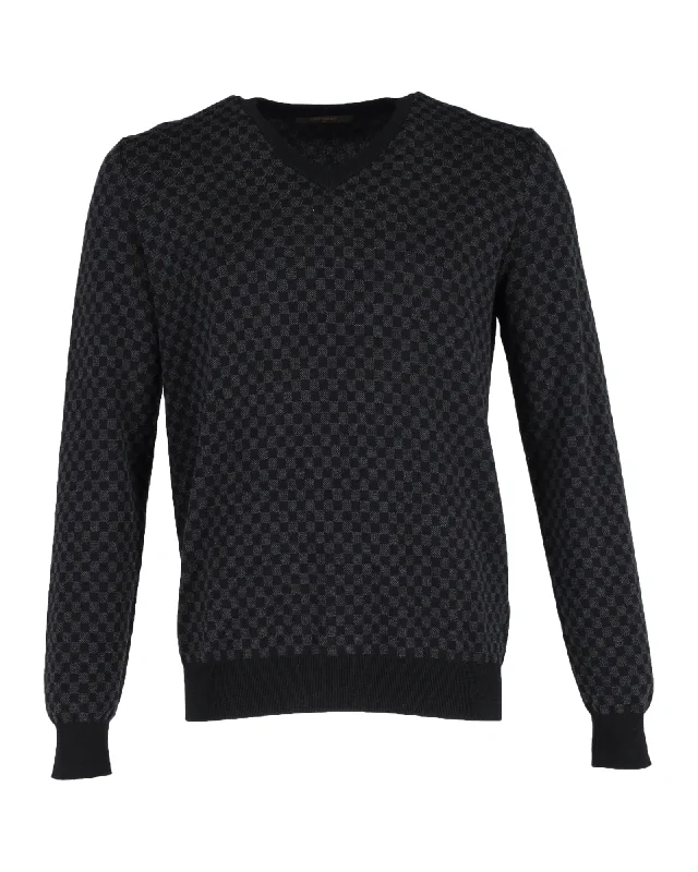 Louis Vuitton Damier Patterned Knit Jumper in Black Wool Hip Men's Retro