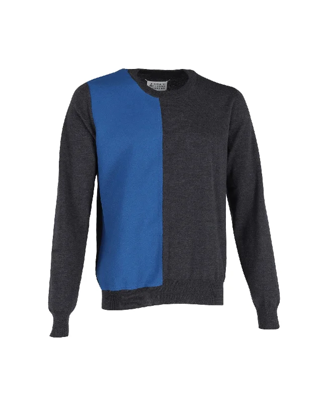 Maison Margiela Colorblock Crewneck Sweater in Gray and Blue Cotton Sporty Men's Tennis